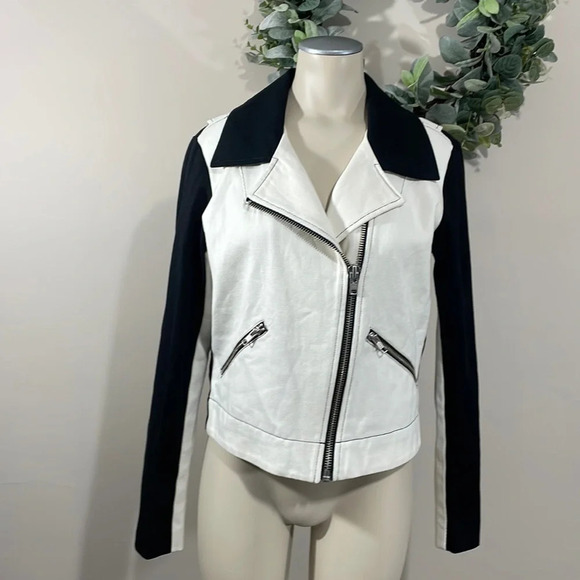Wythe NY White and Black Denim Moto Cropped Jacket M - Picture 1 of 15